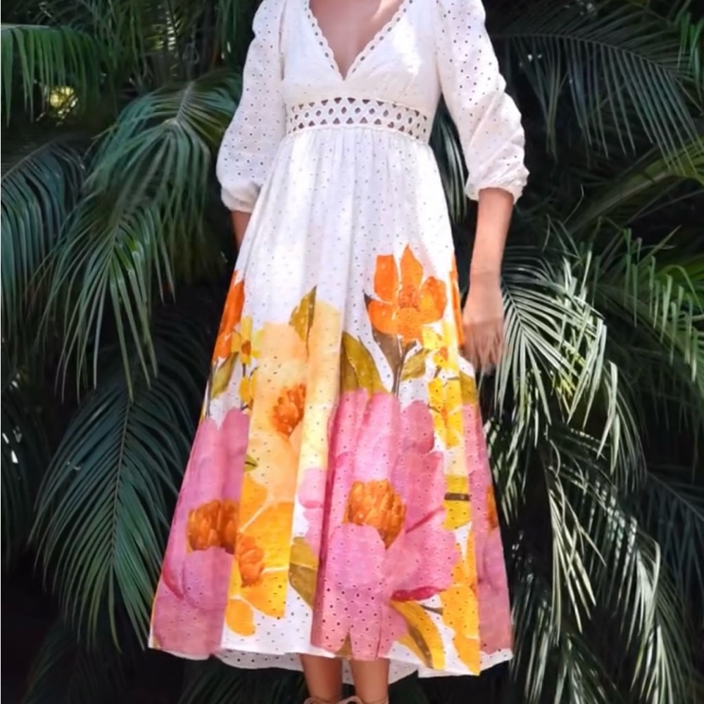 FARM Rio White and Orange V-Neck Sundress with Bishop Sleeves